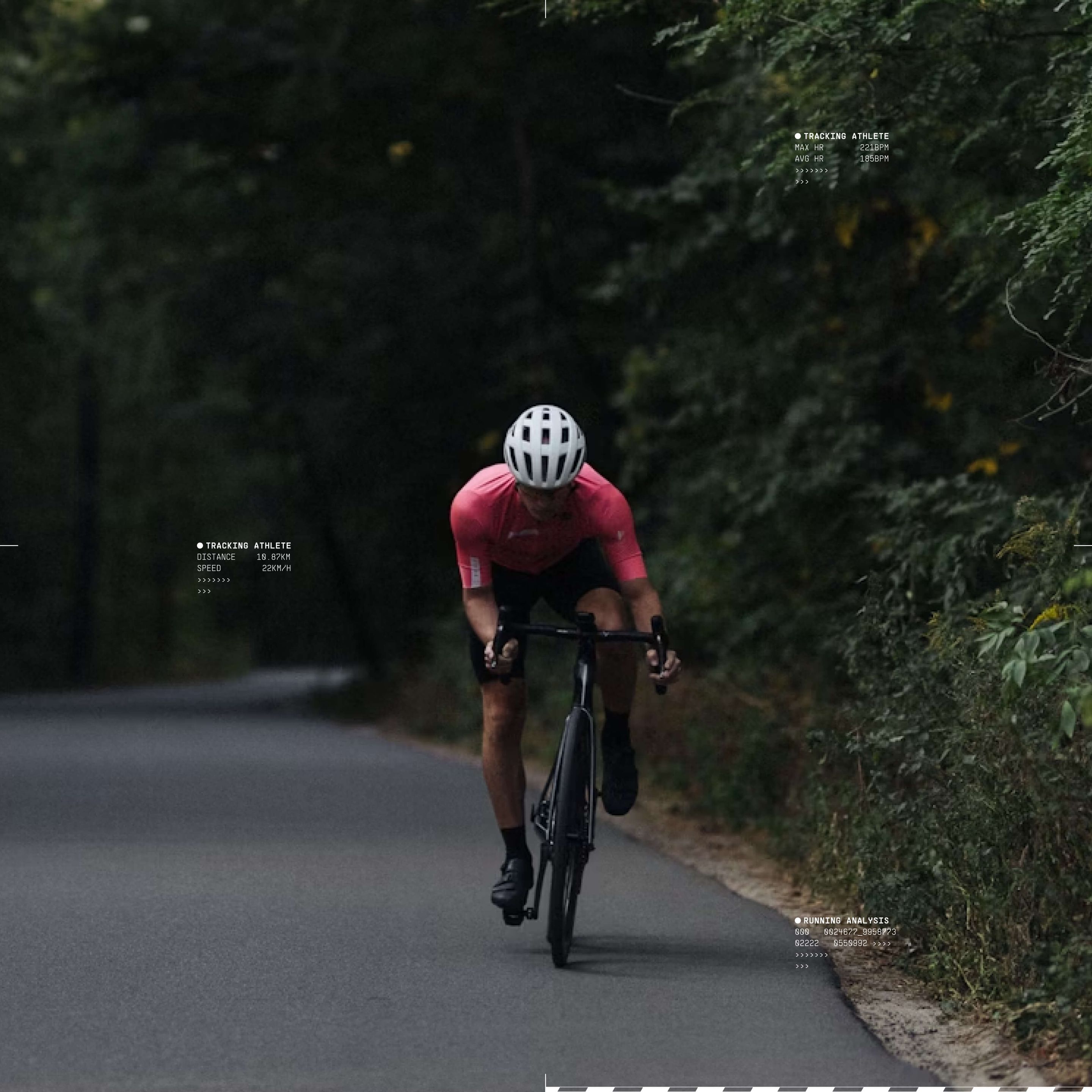 Cyclist on a bike in a road with woods in the background