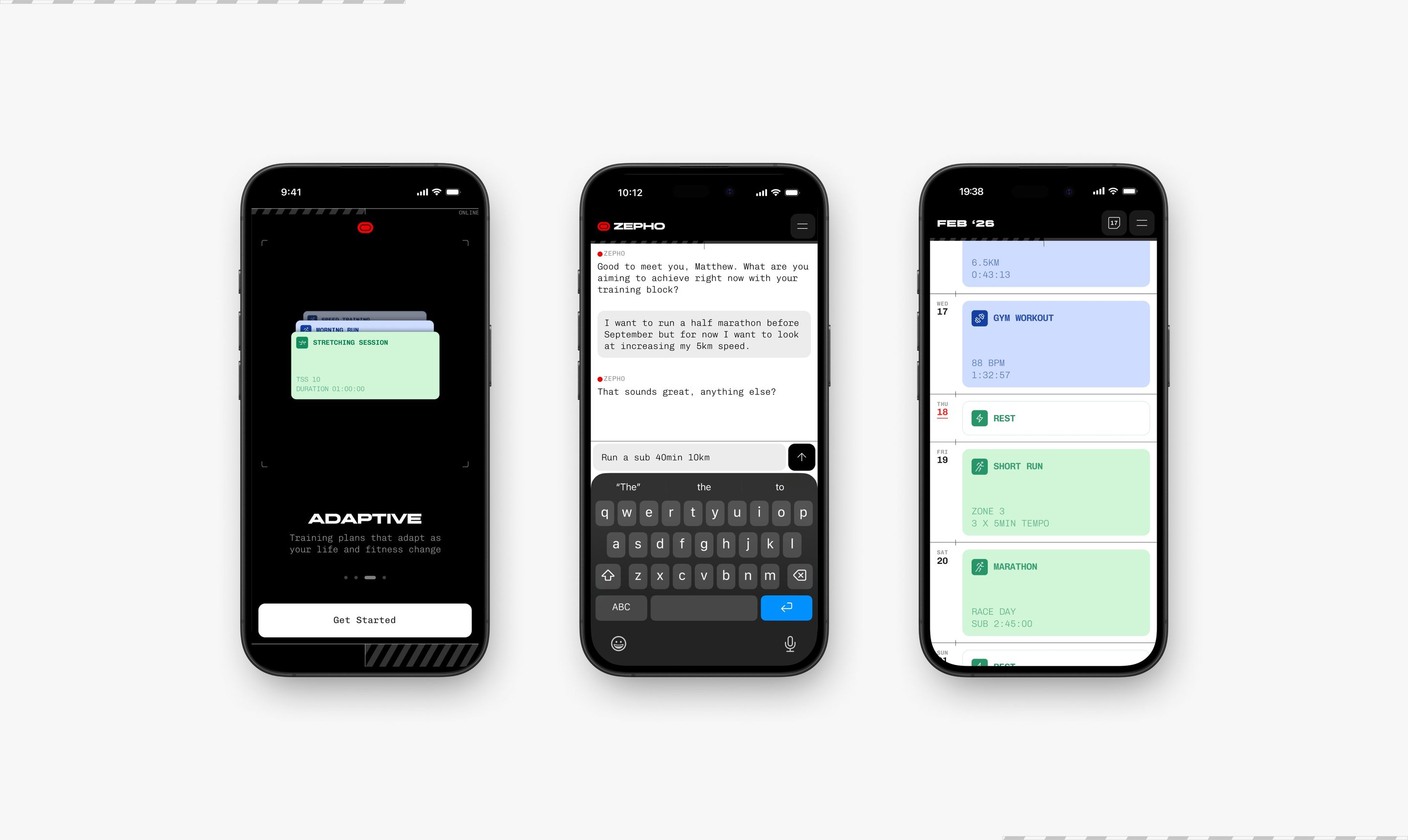 Three phones showing the Zepho app: onboarding, coach chat and training calendar