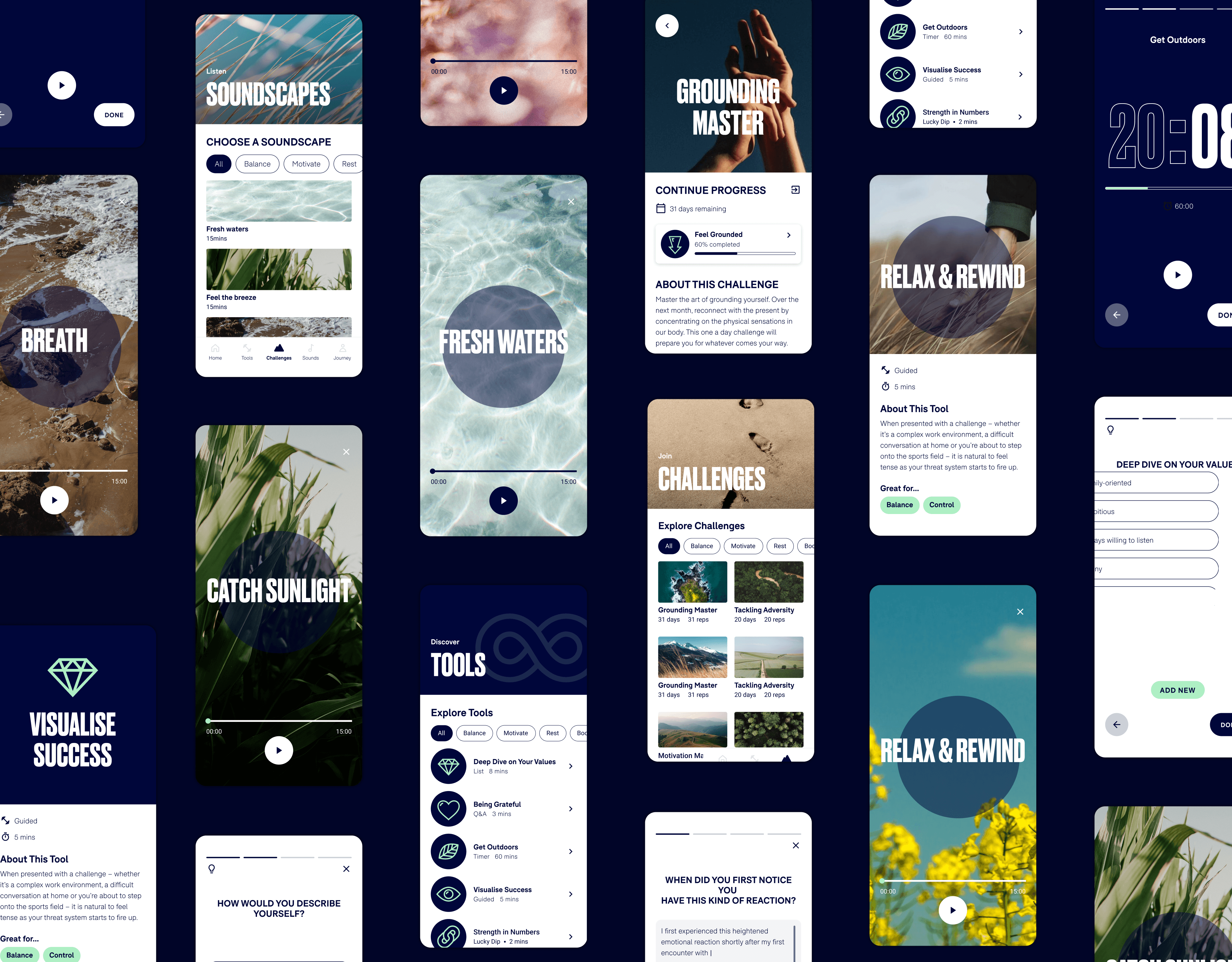 A variety of screens from the Peak State app